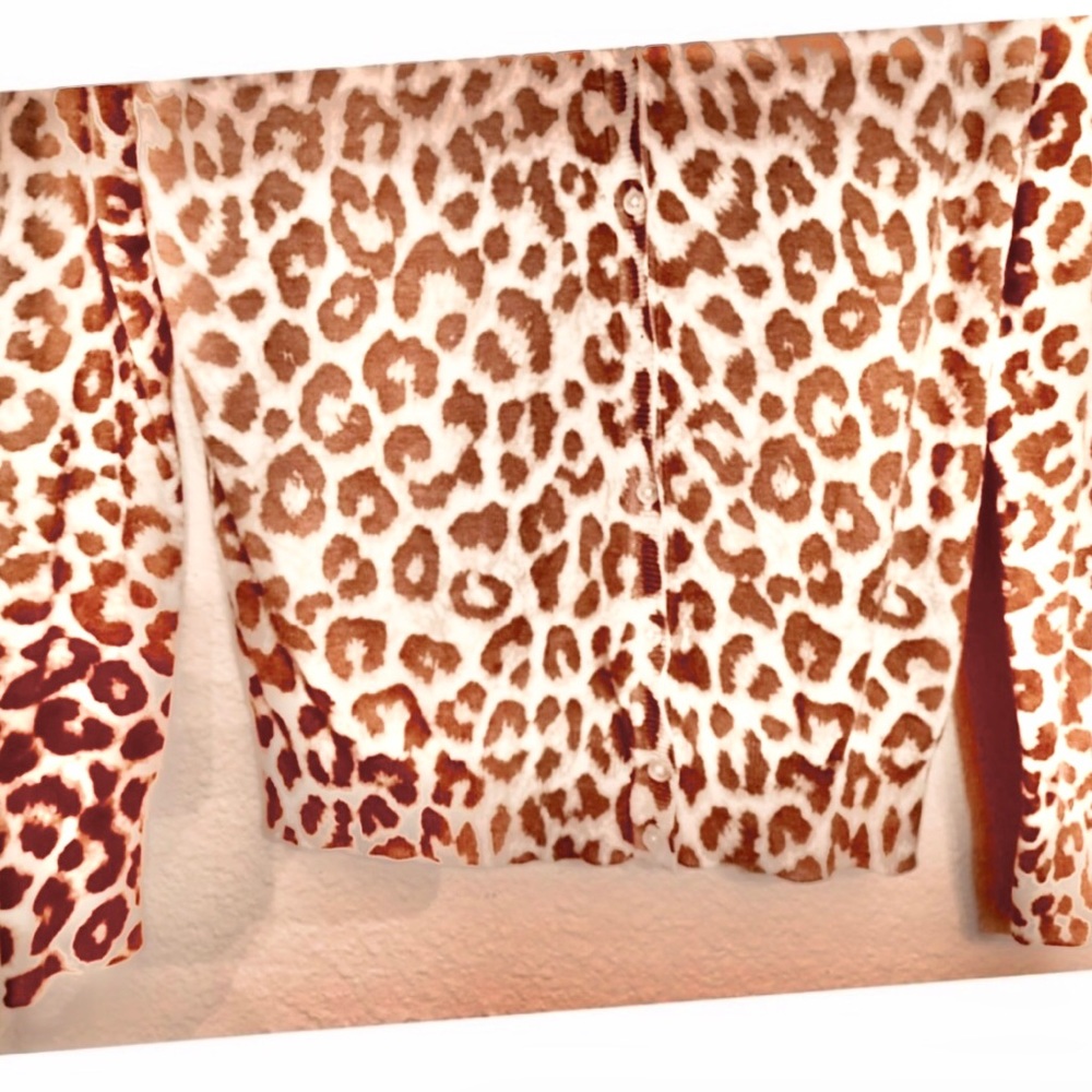 LEOPARD CARDIGAN SWEATER SOFT TANISH ROSEY BROWN & WHITE LIGHTWEIGHT TO LAYER L - Picture 4 of 5